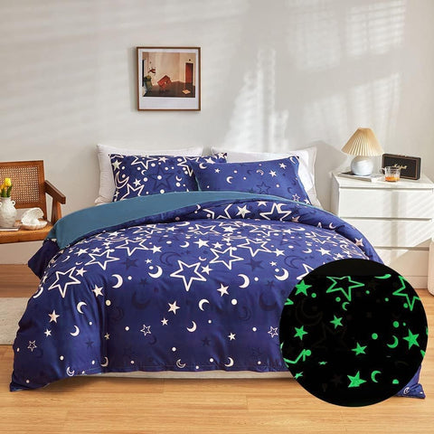 Loussiesd Galaxy Glow in The Dark Duvet Cover for Girls Kids King Blue Universe Starry Night Bedding Set Super Soft Outer Space Stars Moon Comforter Cover Set Glow