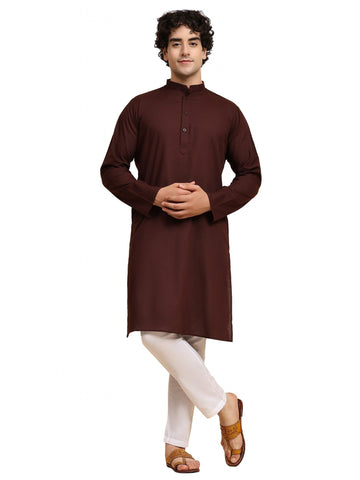 SKAVIJ Men's Pure Cotton Solid Kurta Pajama Set Mandarin Collar Daily Wear Casual Yoga Dress (KP022brown_Brown_L)