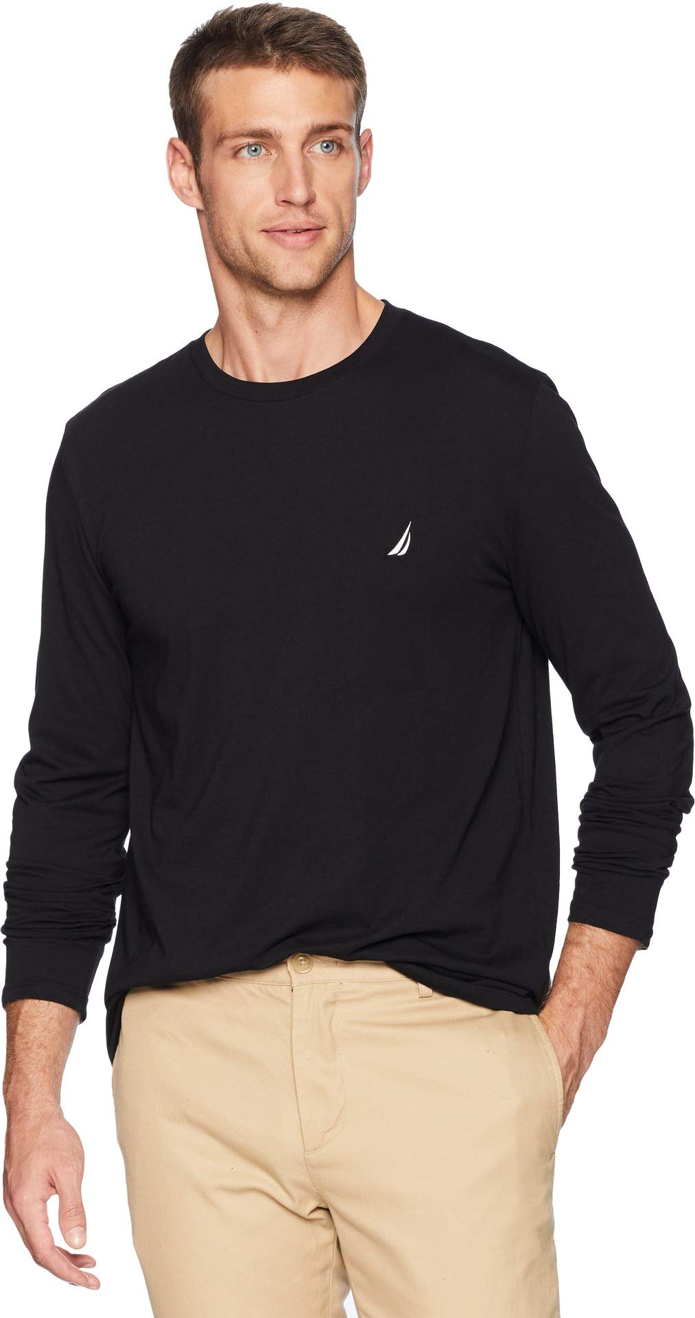 Nautica Men's Long Sleeve Solid Crew Neck T-Shirt, True Black, Medium