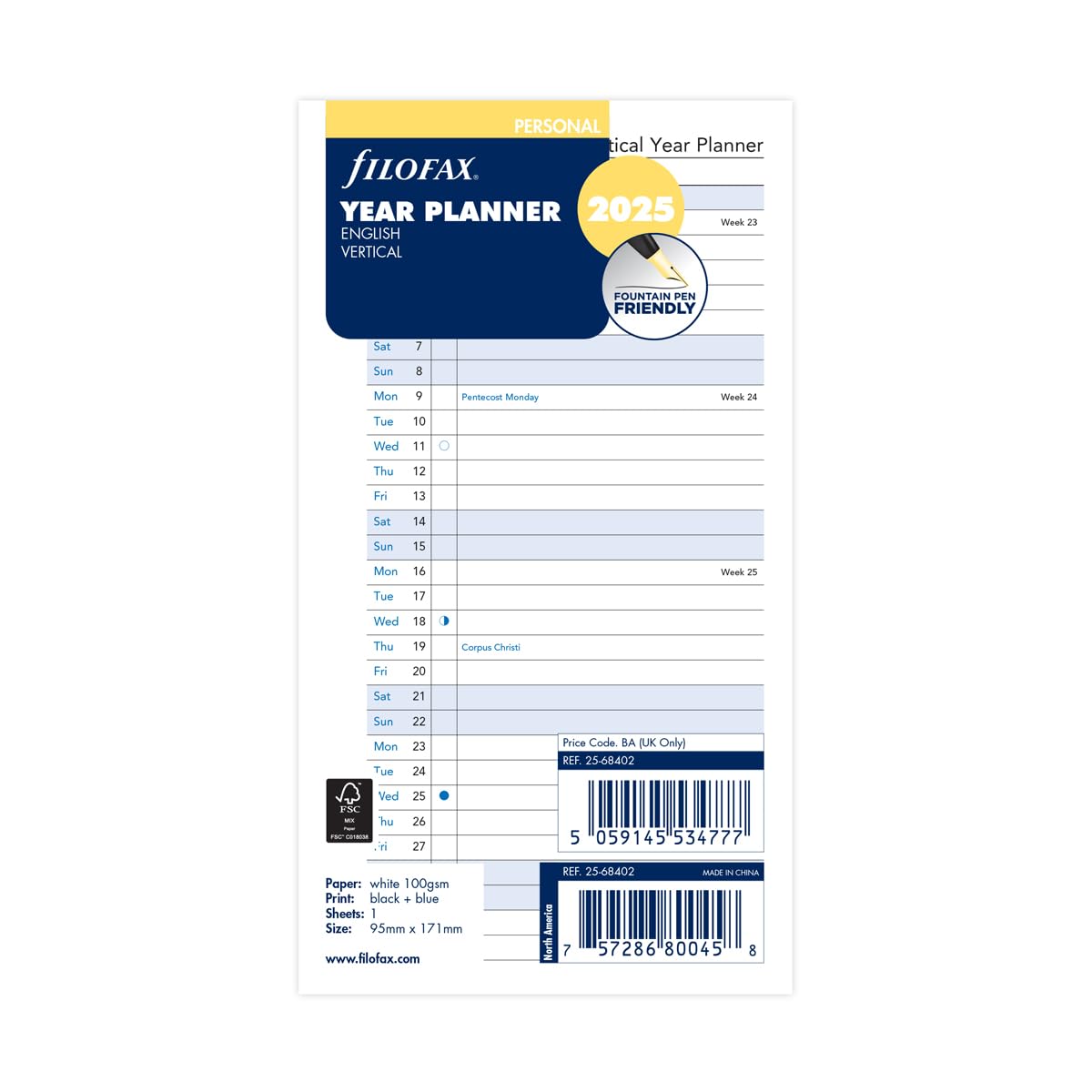 FILOFAX Calendar Insert Personal Year Planner Vertical (E)2025