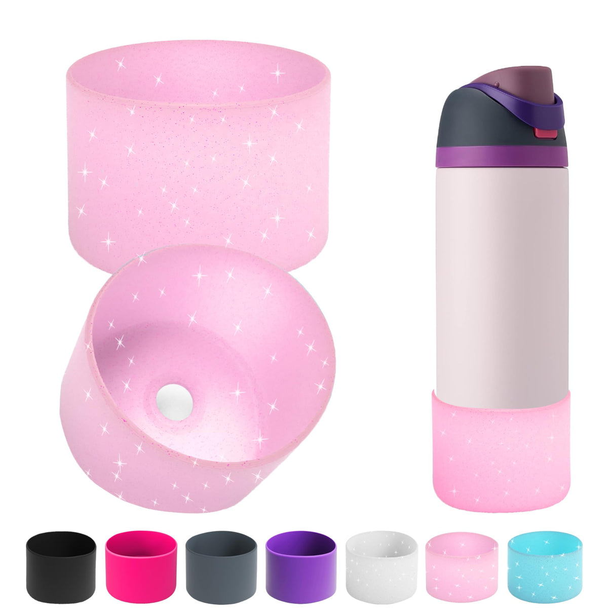 2PCS Silicone Water Bottle Boot for Owala 24oz 32oz 40oz,Anti-Slip Protective Sleeve Bottom Bumper Protector for FreeSip, Twist, and Flip Stainless Steel Water Bottles (Clear Glitter Pink, 32oz)
