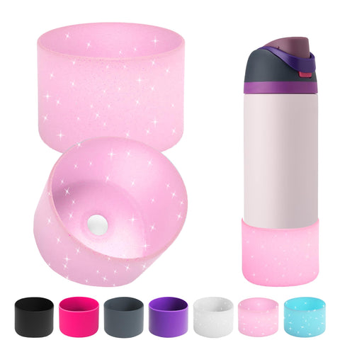 2PCS Silicone Water Bottle Boot for Owala 24oz 32oz 40oz,Anti-Slip Protective Sleeve Bottom Bumper Protector for FreeSip, Twist, and Flip Stainless Steel Water Bottles (Clear Glitter Pink, 32oz)