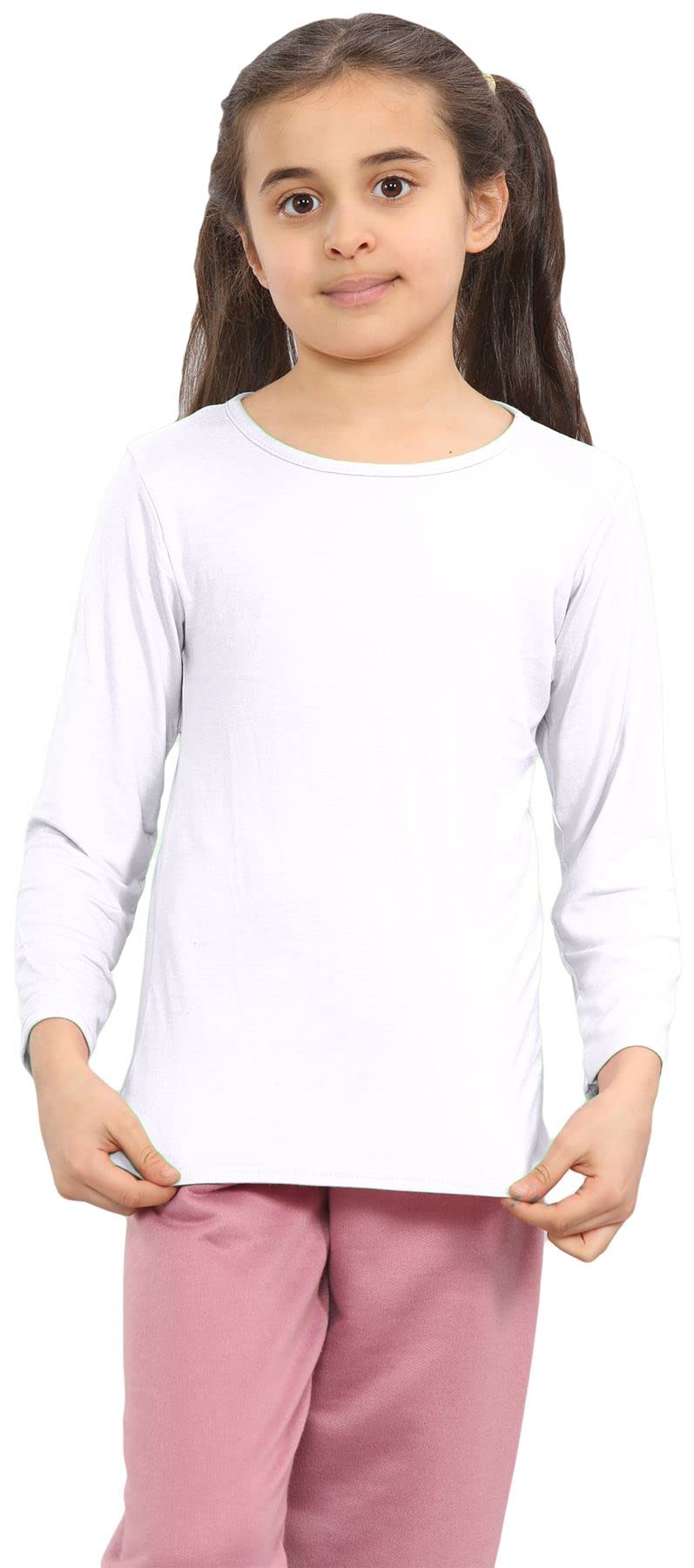 HamishkaneÂ® Kids School Shirts - Plain Round Neck Girls & Boys Long Sleeve t Shirt - Stretchy & Comfortable T-Shirts for Kids White