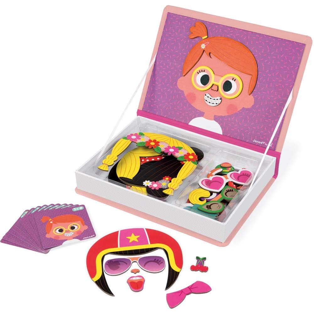Janod - Girl's Crazy Faces Magneti'Book - Magnetic Educational Game 55 Pieces - For children from the Age of 3, J02717, Rose