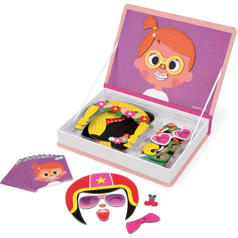 Janod - Girl's Crazy Faces Magneti'Book - Magnetic Educational Game 55 Pieces - For children from the Age of 3, J02717, Rose