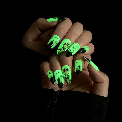 Halloween Press On Nails Noctilucent Almond Fake Nails Ghost Doll Graveyard Design Medium Almond False Nails Glue On Nails Gel Reusable Stick On Nails Acrylic False Nails for Women 24Pcs