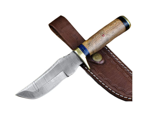 Handmade Damascus Hunting Knife with Leather Sheath - Ideal for Skinning, Camping, Outdoor Gift (A-001)