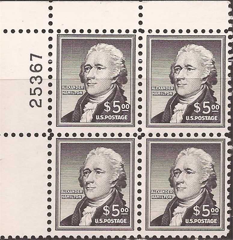 US Stamp 1956 $5 Alexander Hamilton Plate Block of 4 Stamps #1053 MNH