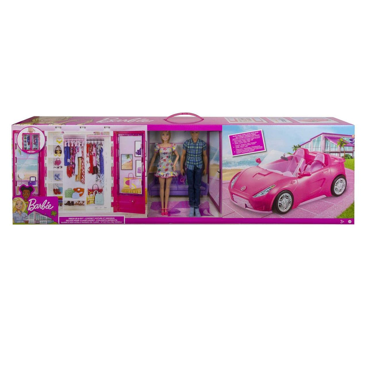 Barbie and Ken Doll with her Wardrobe and Pink Two-Seater Convertible car. Includes Accessories.