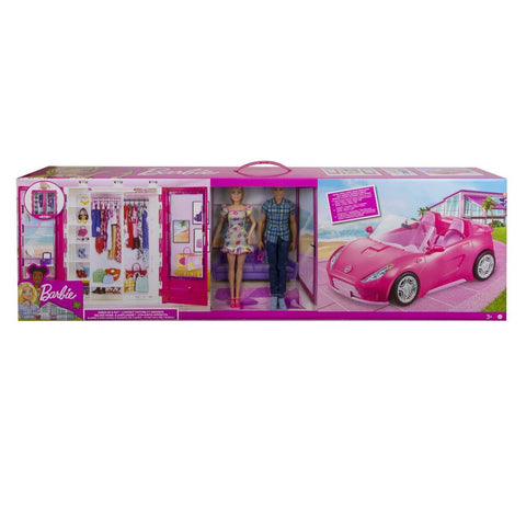 Barbie and Ken Doll with her Wardrobe and Pink Two-Seater Convertible car. Includes Accessories.