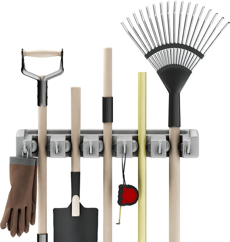 Stalwart Garden Tool Organizer Wall Mount Broom and Mop Holder, 5 Adjustable Slots and 6 Hooks Utility Rack for Garage or Home Organization