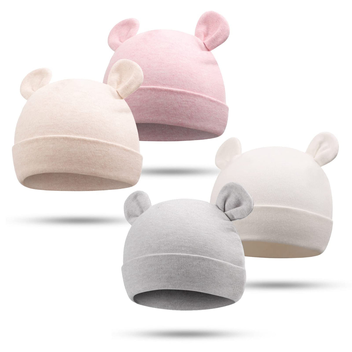 Bamery Newborn Baby Girls Hospital Hat Thick Cute Bear Ear Cotton Baby Boy Beanie for 0-6Months (White+Pink+Gray+Beige,0-6 Months)