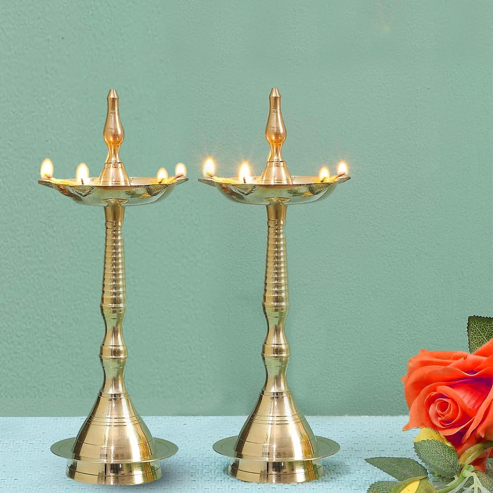 Brass Diya for Puja (10 inch, Set of 2) Kerala Diya, Diyas, Diya Lamp for Pooja Diwali Diyas, Traditional Samai Lamp Kutthu vilakku Panchmahal Deepam - Indian Diwali Gifts HashcartÂ®