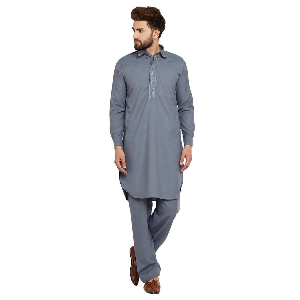 Sojanya (Since 1958, Men's Cotton Blend Pathani Kurta Salwar Slate Grey
