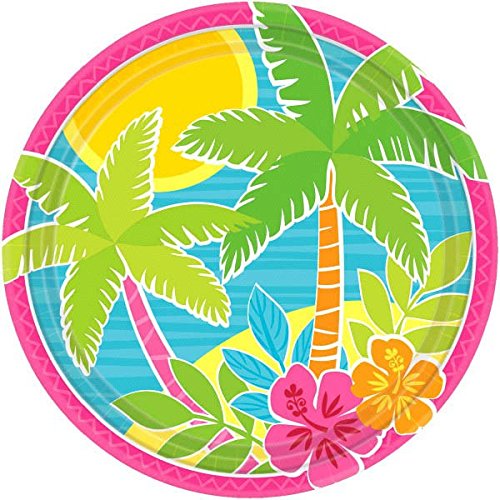 Amscan Sun-Sational Summer Luau Party Beach Summer Scene Round Plates Tableware, Paper, 9", Pack of 60