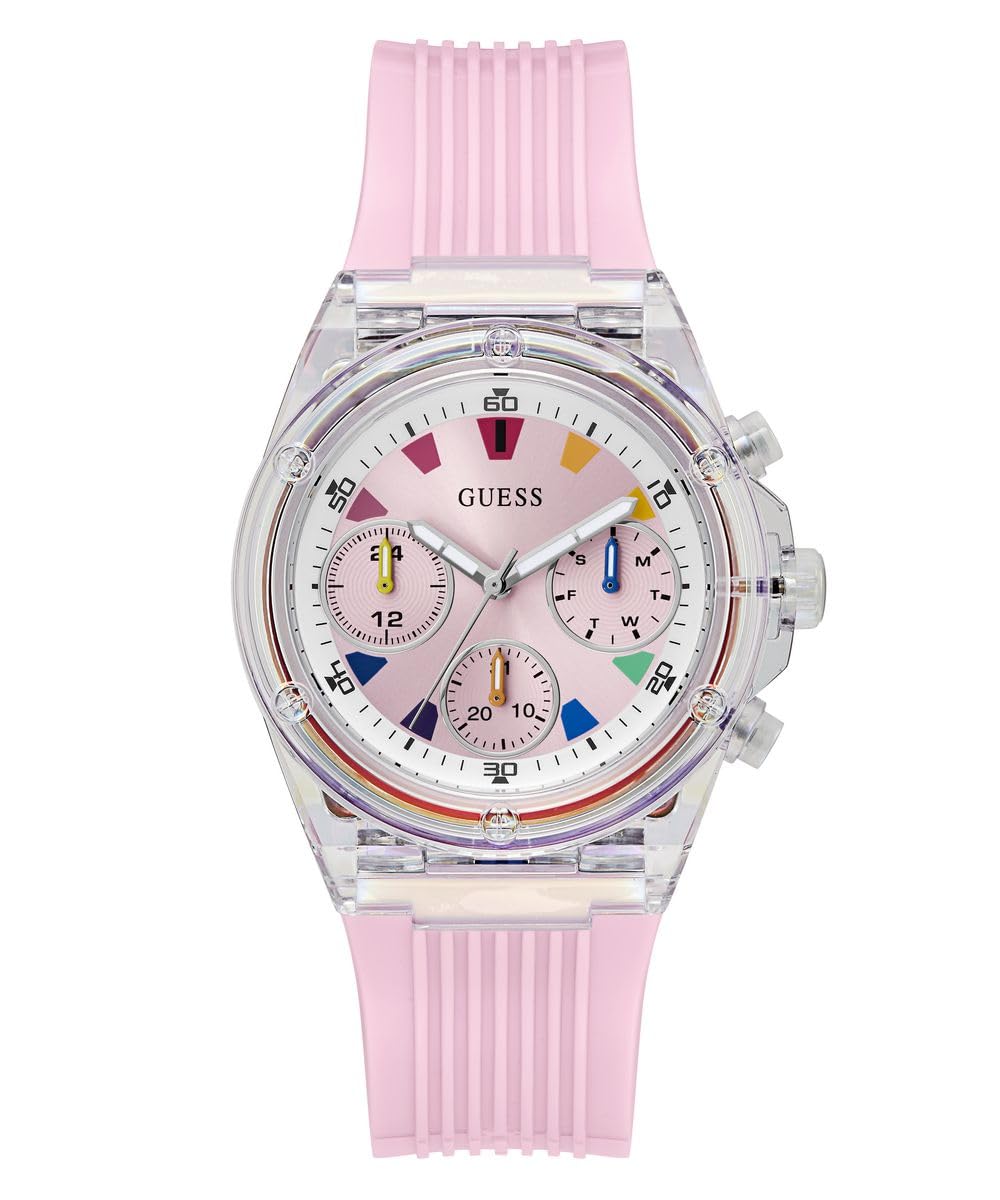 GUESS Women's 39mm Watch - Pink Strap Pink Dial Clear Case