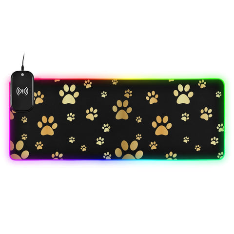 Dog Gold Paw Prints Wireless Charging Mouse Pad for Mobile Phone Extra Large Gaming Mousepad with 13 Lighting Modes Computer Mat for Gaming MacBook PC Laptop Desk Home Office