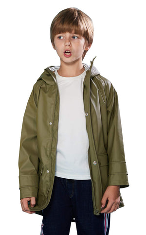 SOLOCOTE Kids Rain Jacket Hooded Lined Rubber RainCoats for Girls Boys Waterproof Windproof, 180806 Khaki F 13-14Y