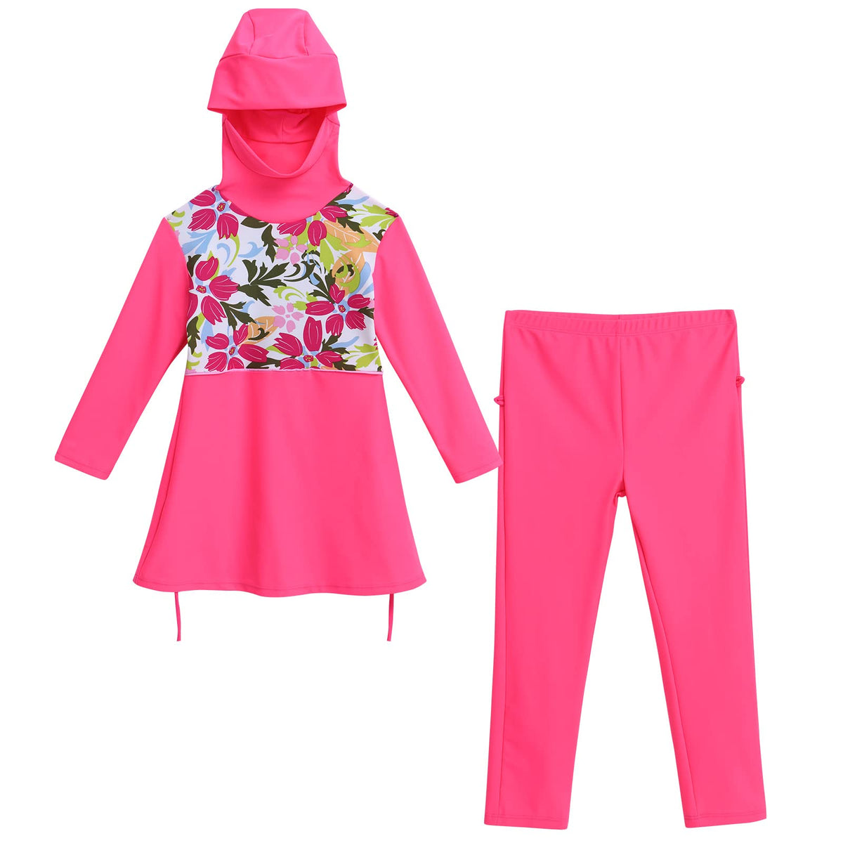 Girls Long Sleeve Swimsuits UPF 50+ Sun Protection Two Piece Rash Guard Sets Toddler Floral Print Bathing Suit Kids Muslin Modest Full Coverage Swimwear Boyshort Swim Dress Top Pink Long 9-10 Years