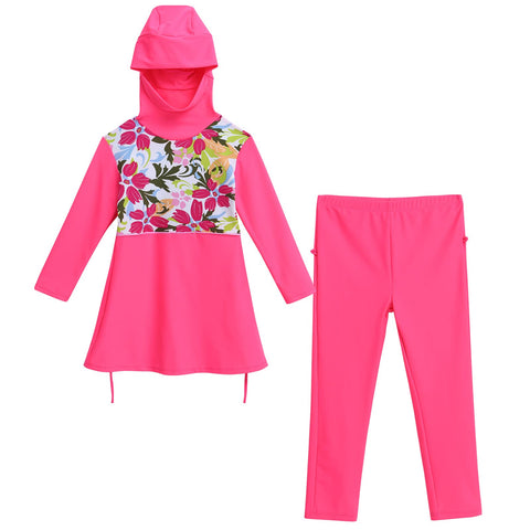 Girls Long Sleeve Swimsuits UPF 50+ Sun Protection Two Piece Rash Guard Sets Toddler Floral Print Bathing Suit Kids Muslin Modest Full Coverage Swimwear Boyshort Swim Dress Top Pink Long 9-10 Years