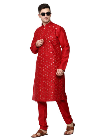 ITOS365 Men's Tunic Art Silk Kurta Pajama Pyjama Set Wedding Indian Clothing Casual Party Dress Gifts Items Red Small