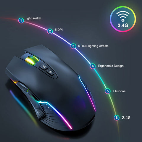 Wireless Gaming Mouse, 6400DPI 2.4Ghz Pro Optical Sensor Gaming Mechanical Mouse with 6 DPI Levels, RGB Color Backlight, Built in Rechargeable Battery, Ergonomic Design, Plug & Play(Black)