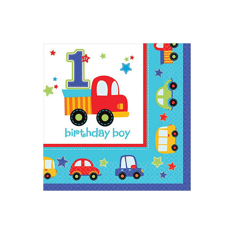 All Aboard! Birthday Party Beverage Napkins Tableware, Multi Colored, Paper, 5" x 5" (Folded), 18-Piece