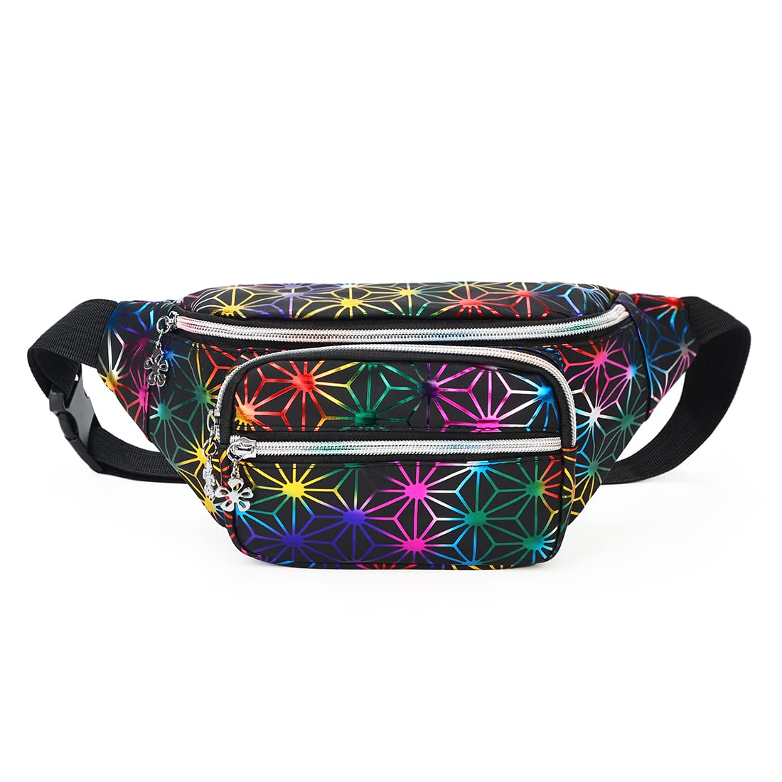Estwell Bum Waist Bag for Women Men Festival Fanny Pack Fashion PU Leather Waist Pack Ladies Girls Waterproof Shiny Bumbags with 4 Zipper Pockets, Black