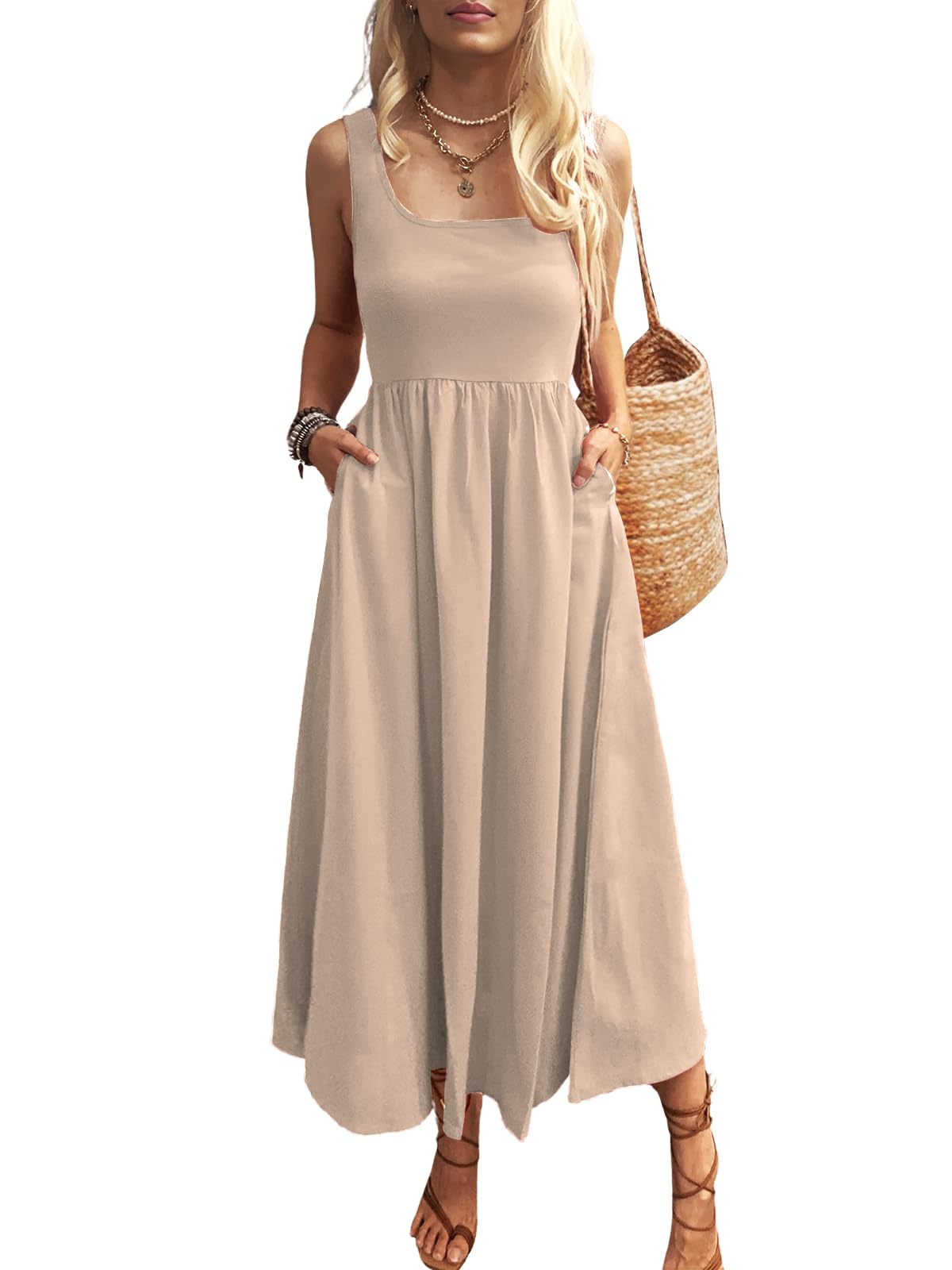 Mieazom Women's Maxi Dress Summer Sleeveless Swing Sundress Casual Loose Tank Long Dresses with Pockets Beige S