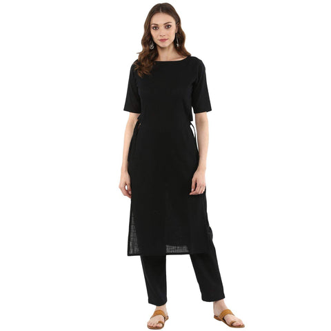Idalia Women's Cotton Slub Straight Kurta with Pants X-Large Black