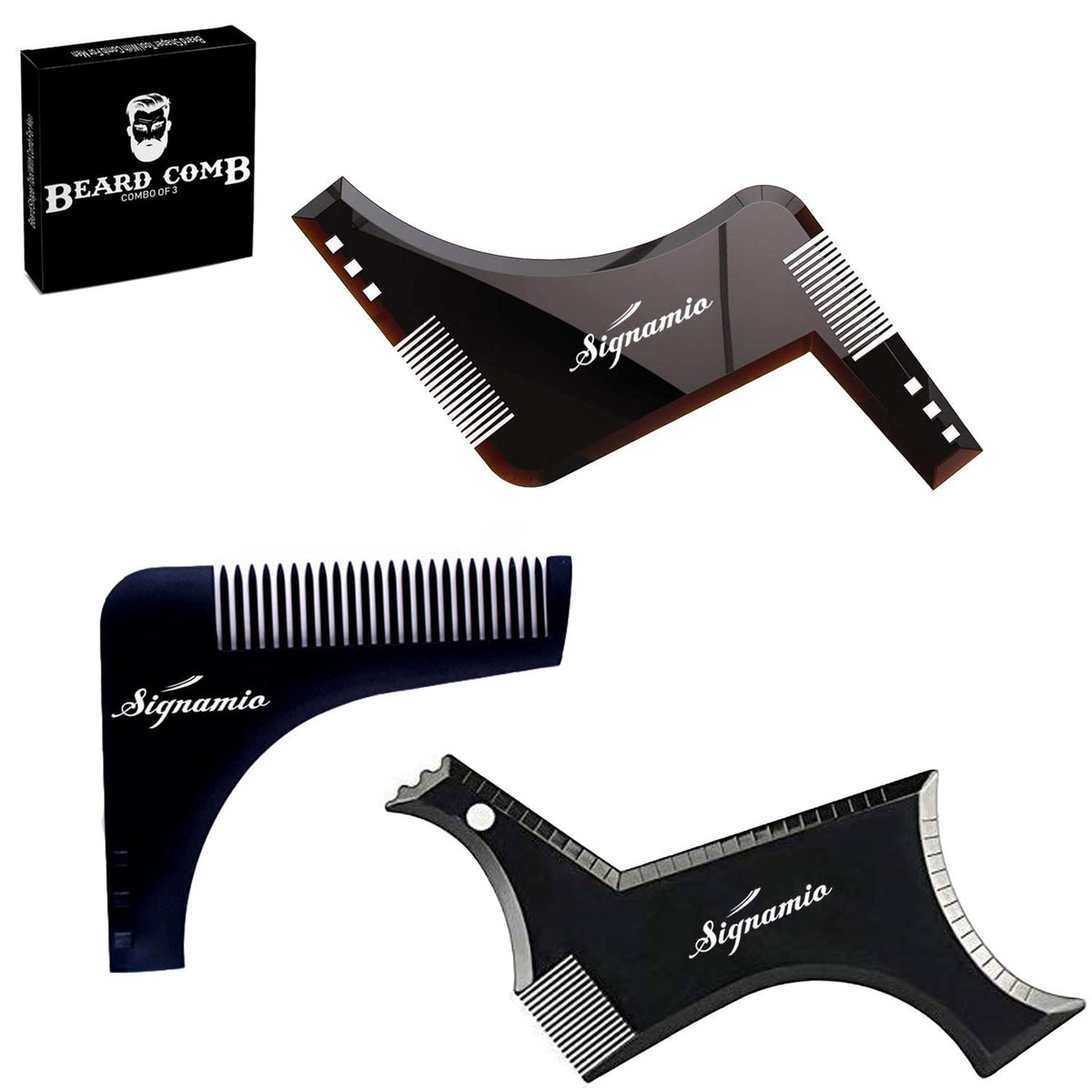 SIGNAMIO® Beard Shaper shaping scale template tool set kit comb for men styling shave for neck line guide Shaving trimming Comb - Multi Purpose,Grooming kit (Black)-3- Pcs
