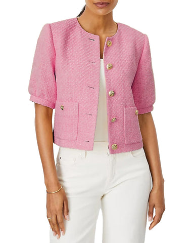 LifeShe Puff Short Sleeve Tweed Jacket Women Cropped Jackets Summer Open Front Office Work Blazer Coat 2024