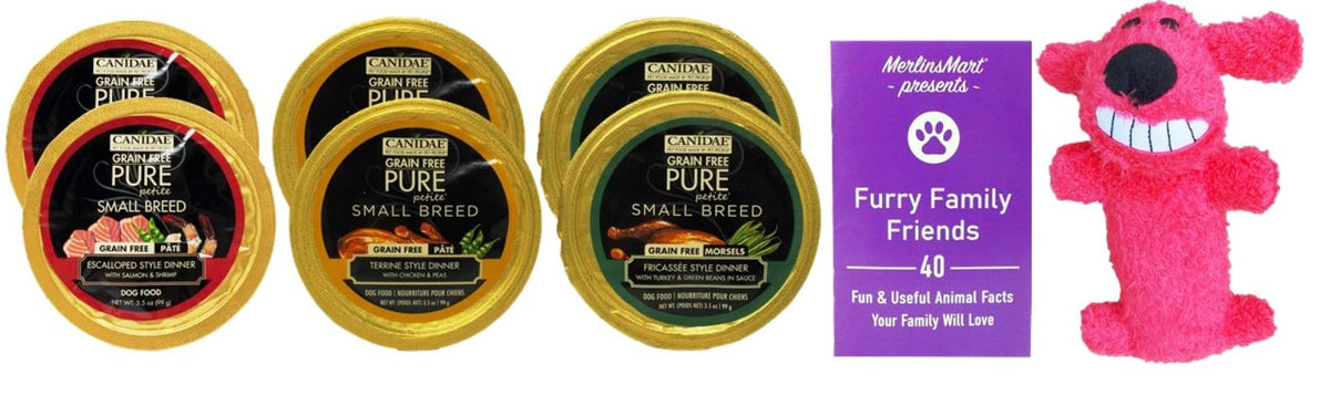 Canidae Pure Petite Small Breed Dog Food 3 Flavor 6 Can Variety (2) Each: Escalloped Salmon Shrimp, Terrine Chicken Peas, Fricassee Turkey Green Beans (3.5 Ounces) - Plus Toy, Fun Facts Booklet Bundle