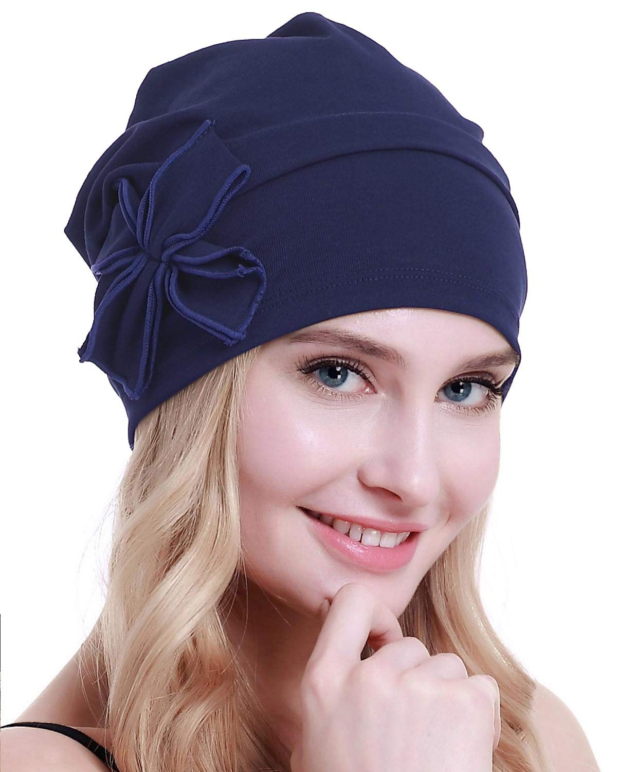 osvyo Cotton Chemo Turbans Headwear Beanie Hat Cap for Women Cancer Patient Hairloss Denim Blue