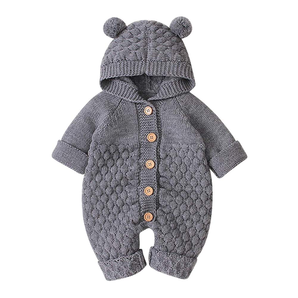 OBEEII Newborn Baby Boy Romper Sweater Romper Baby Girls Bodysuit Hooded Jumpsuit Kids Cute Toddler Clothes Gray 0-6 Months