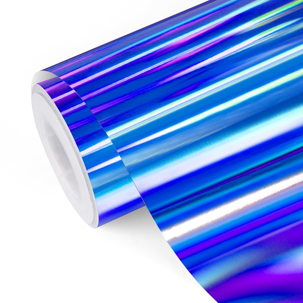 TECKWRAP Holographic Chrome Bubble Free Adhesive Vinyl Permanent Holographic Vinyl with Air Channels 1ftx5ft, for DIY Craft Decal, Ice Blue