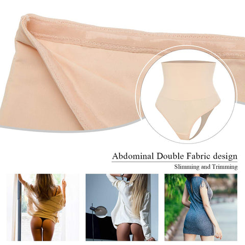 Tummy Control Thong Shapewear for Women High Waisted Thong Girdle Panties Slimming Body Shaper Underwear(Beige-no boning,Small)