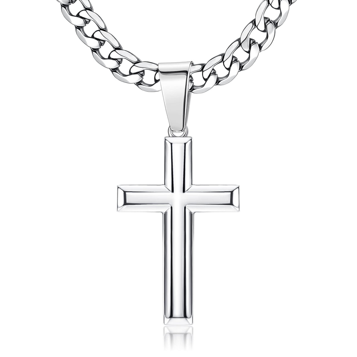 Chriscoco 925 Sterling Silver Cross Pendant Necklace with Stainless Steel Diamond-Cut Figaro Chain Delicate Highly Polished Beveled Edge Cross Pendant Necklace for Men Women