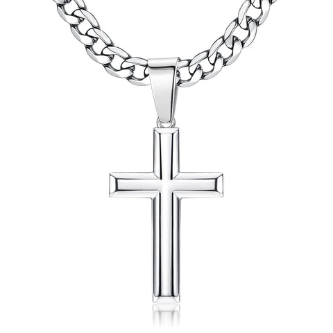 Chriscoco 925 Sterling Silver Cross Pendant Necklace with Stainless Steel Diamond-Cut Figaro Chain Delicate Highly Polished Beveled Edge Cross Pendant Necklace for Men Women