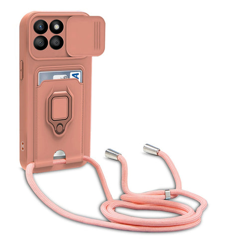 yanasuo Camera Protection Lanyard Phone Case for Huawei Honor X8b, Card Holder, Slide Camera Cover, Silicone Cord Strap rope Shell TPU Shockproof Bumper Cover-Pink