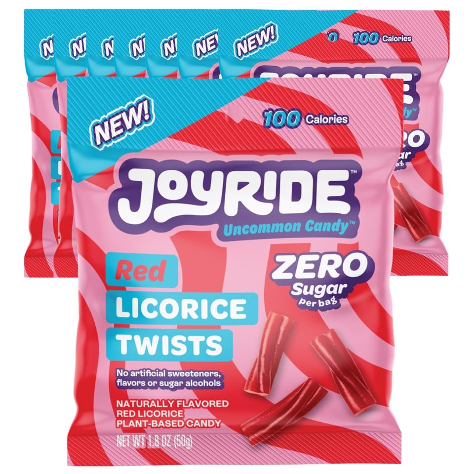 JOYRIDE Red Licorice Twists - Sugar Free Vegan Candy with 10g Net Carbs - Low Calorie Snack (Zero Sugar, 1.8oz (Pack of 8))