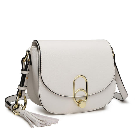Miss Lulu Women Cross Body Bag Fashion Tassel Decoration Zipper Handbags Flap with Lock Closure Shoulder Bag (White)