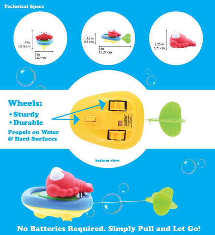 Dollibu Boat Racer Buddy, Fun Educational Bath Toy Finger Puppet Pull and Go Water Racing Sea Life Pal for Shower Pool Bathtub Swim Hard Surface - Baby Toddler and Boy - 6 Inch - 3 in 1 Game - Lobster