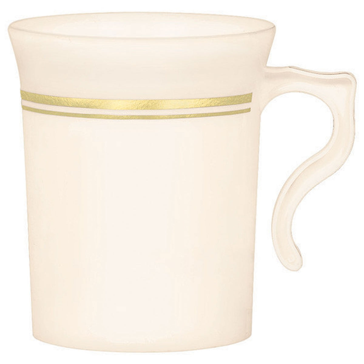 Amscan Stylish Premium Plastic Coffee Cups Hot Party Beverage Drinks Reusable Drinkware, Cream with Gold Trim, 8 oz., Pack of 12.