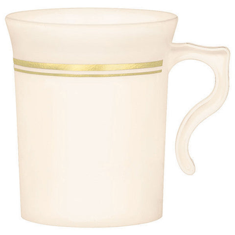 Amscan Stylish Premium Plastic Coffee Cups Hot Party Beverage Drinks Reusable Drinkware, Cream with Gold Trim, 8 oz., Pack of 12.