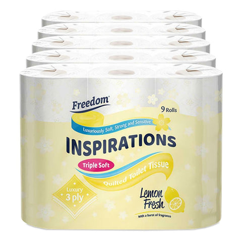 Freedom Inspirations Luxury 3Ply Toilet Roll - 45 Quilted Lemon Fresh Triple Soft and Scented Hygiene Bulk White Toilet Tissue and Loo Rolls