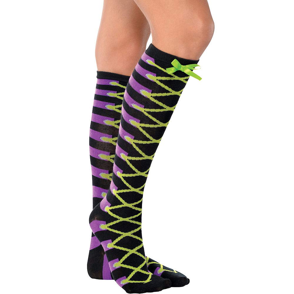 amscan 394249 Laced up Witch Adult Knee-High Socks with Green Top Bow