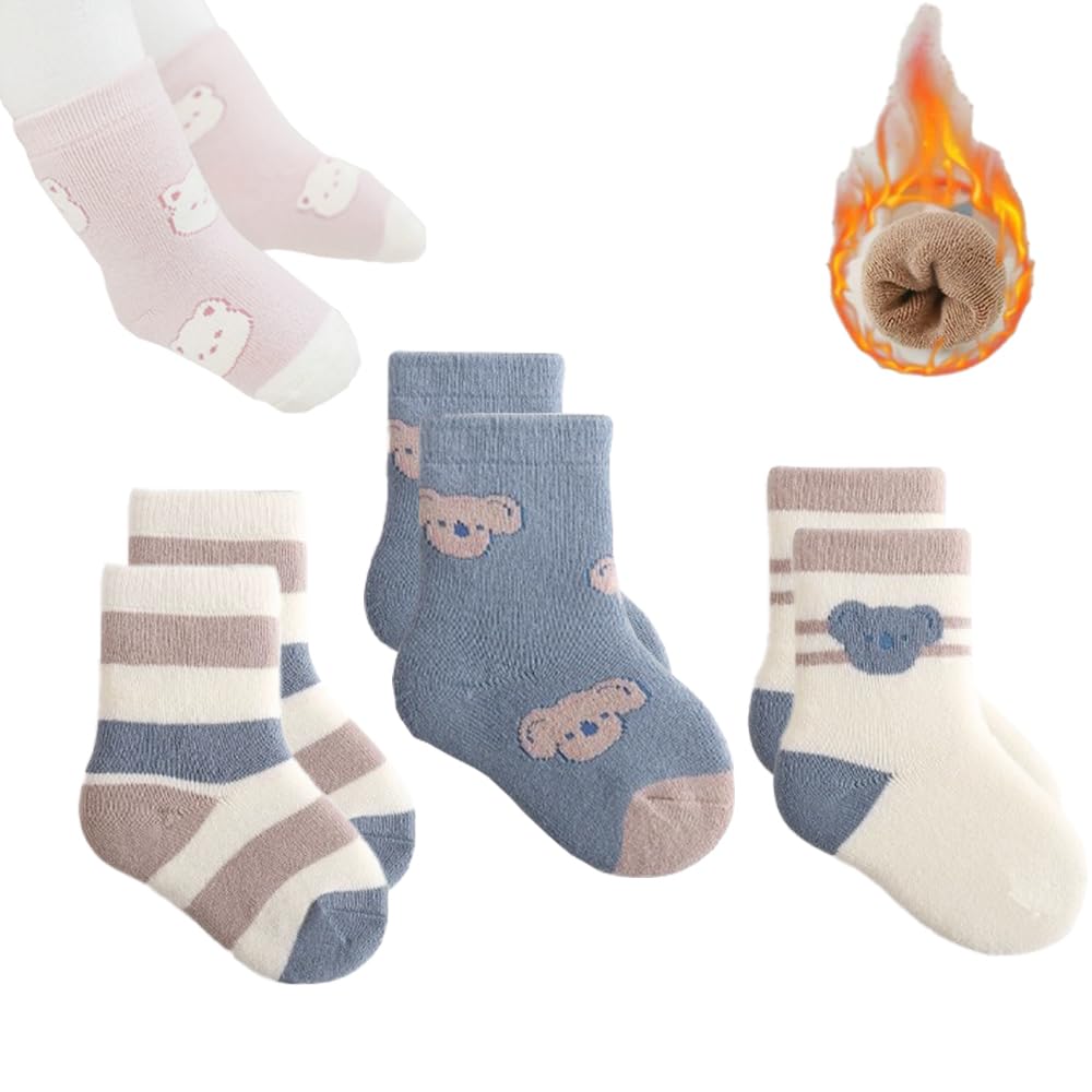 3 Pack Baby Ankle Thick Warm Socks Winter Socks 1-3 Year Indoor Crawling Socks Ankle Crew Socks Cartoon Animal Infant Terry Socks for Baby Boys Girl