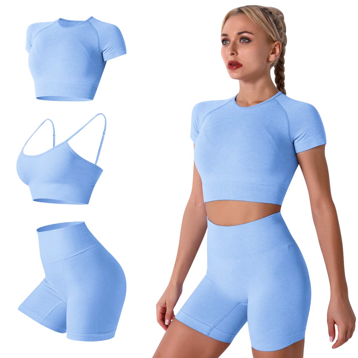 IMEKIS Women's 3-Piece Fitness Set Sports Bra with Crop Top and Shorts Seamless Yoga Clothing Fitness Workout Outfit Women Slim Fit Summer Biker Activewear Running Suit Tracksuits, blue, S