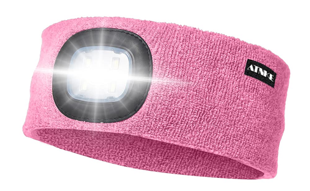 ATNKE LED Lighted Headband, USB Rechargeable Running Hat Ultra Bright 4 LED Waterproof Light Lamp and Flashing Alarm Headlamp High Stretch& Moisture Wicking Multi-Color/Pink